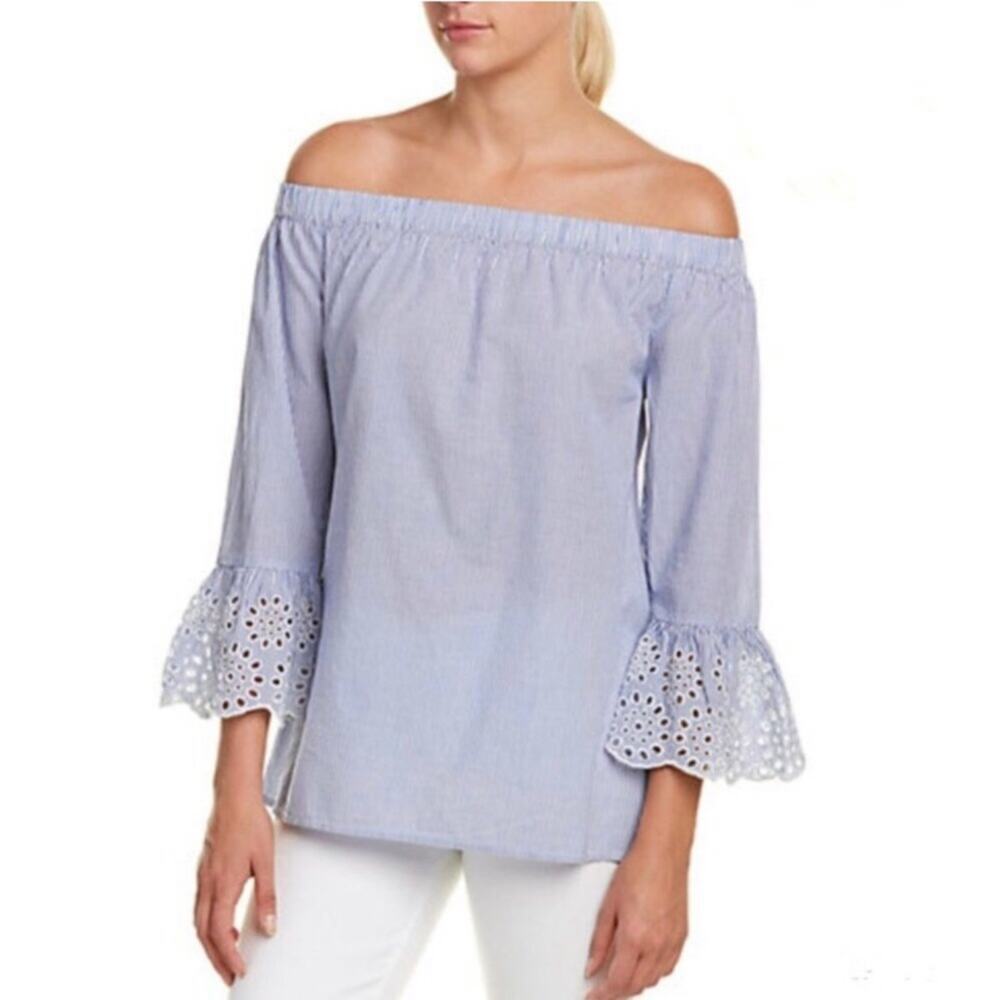 BeachLunchLounge cold shoulder blue stripe top with eyelet detail on sleeves